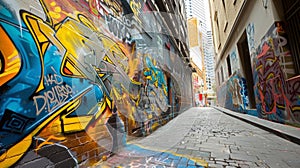 A burst of bright yellows fiery oranges and electric blues create a dynamic contrast against the dull concrete walls of