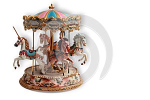 In a burst of colors, carousel horses spin with whimsy and magic. Shadow for 3d effect. Copy space