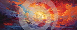 burst of fiery colors spreading across the sky in an abstract sunset, igniting a sense of warmth and tranquility panorama