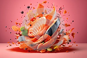 A burst of flavorsome fresh salmon meat, glistening and tender, offering a delightful explosion of taste. Rich