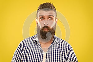 Burst of laughter. Hipster with beard and mustache emotional surprised expression. Rustic surprised macho. Man bearded