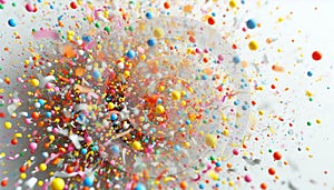 A burst of multicolored particles against a light background,