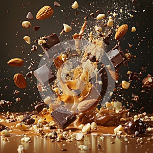 Burst of nuts flying with chocolate pieces and caramel