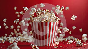 A burst of popcorn from a classic striped container against a red background.