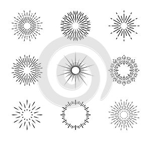 Burst of sun. Vintage sunburst with sparks. Circles with lines. Shine of star rays. Starburst icons and radial sunbeam. Light