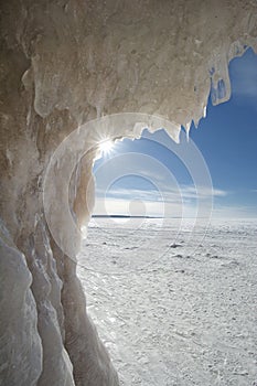 Burst of sunlight, Apostle Islands Ice Caves on frozen Lake Superior, Wisconsin