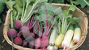 Bursting with color a basket overflows with a variety of freshly picked vegetables including deep purple beets bright photo