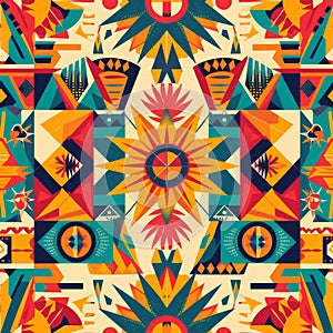 Bursting with color and geometric solar designs, this seamless pattern is a modern interpretation of Latin American