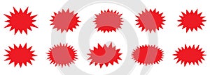 Bursting shape speech bubbles set. Starburst and sunburst cartoon shapes. Splash star icon set in flat style.