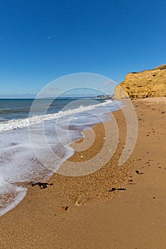 Burton Bradstock golden beach Dorset England UK Jurassic coast with sandstone cliffs and white waves in summer with blue sea