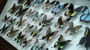 Large Butterfly Collection. Closeup view of many different colorful butterflies on bright white window