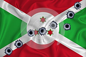 Burundi flag Close-up shot on waving background texture with bullet holes. The concept of design solutions. 3d rendering