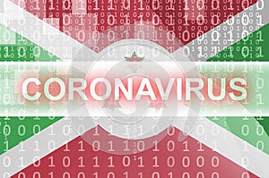 Burundi flag and futuristic digital abstract composition with Coronavirus inscription. Covid-19 outbreak concept