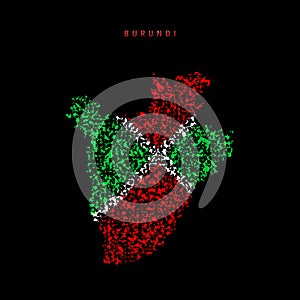 Burundi flag map, chaotic particles pattern in the Burundian flag colors. Vector illustration