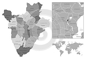 Burundi - highly detailed black and white map.