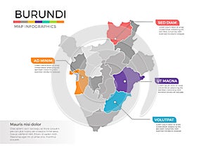 Burundi map infographics vector template with regions and pointer marks