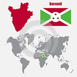 Burundi map on a world map with flag and map pointer. Vector illustration