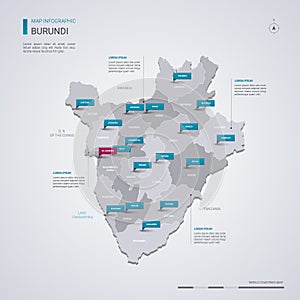 Burundi vector map with infographic elements, pointer marks