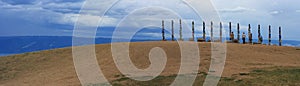 Buryat shamanism pillars. Landscape Lake Baikal, eastern Siberia, Irkutsk region, Russia. Panorama of the lake, mountains, rocks