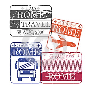 Bus and airplane travel stamps of rome in colorful silhouette