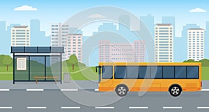 Bus and bus stop on modern city background. Concept of public transport. Panoramic view.