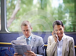 Bus, business people and commute for communication or news, reading newspaper and phone call for info. Woman, networking