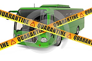 Bus cancellations due to coronavirus, quarantine. Bus with caution barrier tapes, 3D rendering