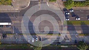 Bus and Cars on Intersection road street, traffic light urban east Berlin aerial