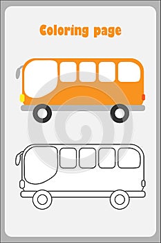 Bus in cartoon style, coloring page, education paper game for the development of children, kids preschool activity, printable