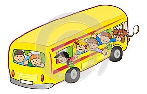 Bus and children, yellow autocar, humorous vector illustration