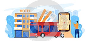 Bus city tour vector illustration, cartoon flat traveler hand holding smartphone with autobus city plan, map mobile app photo