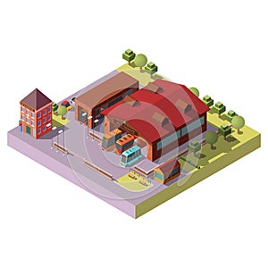 Bus depot building exterior isometric vector icon