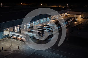 bus depot at night, with buses and vehicles parked in the bays
