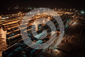 bus depot at night, with long line of buses and taxis in the background