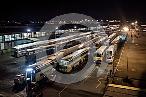 bus depot at night, with long line of buses and taxis in the background