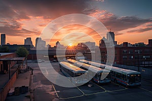 bus depot with view of the city skyline at sunset, captured in a peaceful and serene moment