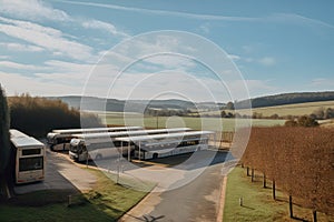 bus depot with view of rolling hills and fields, signifying the journey ahead