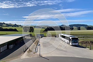 bus depot with view of rolling hills and fields, signifying the journey ahead