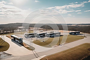 bus depot with view of rolling hills and fields, signifying the journey ahead