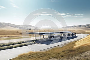 bus depot with view of rolling hills and fields, signifying the journey ahead