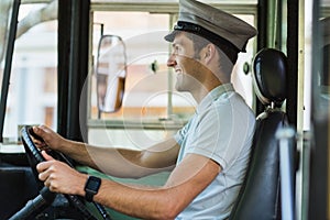 Bus driver driving a bus