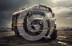 A bus driver in a post-apocalyptic world, driving a makeshift armored bus