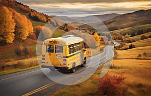 A bus driver in a rural setting, driving a classic yellow school bus down a winding country road