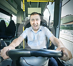 Bus driver with scared face.