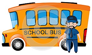 Bus driver standing in front of school bus