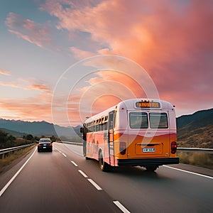 a bus driving down a highway at sunset