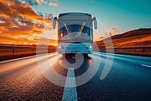 A bus driving down a road at sunset