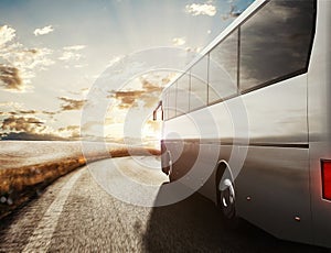 Bus driving on road. 3D Rendering