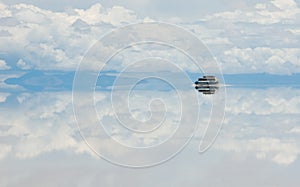 Bus, driving through salt lake