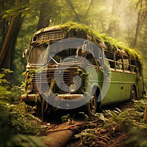 Bus. Ecological concept. Bus made of green vegetation in the forest